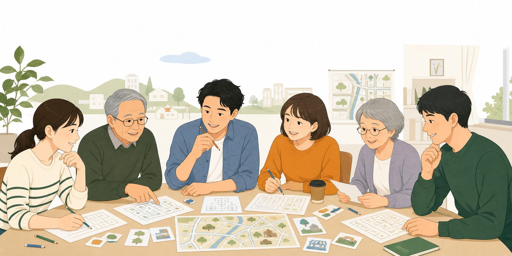テーブルで紙を囲んで話し合う参加者のイラスト